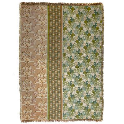 Geweven plaid NIN-NIT groen, beige, bladeren, bloemen